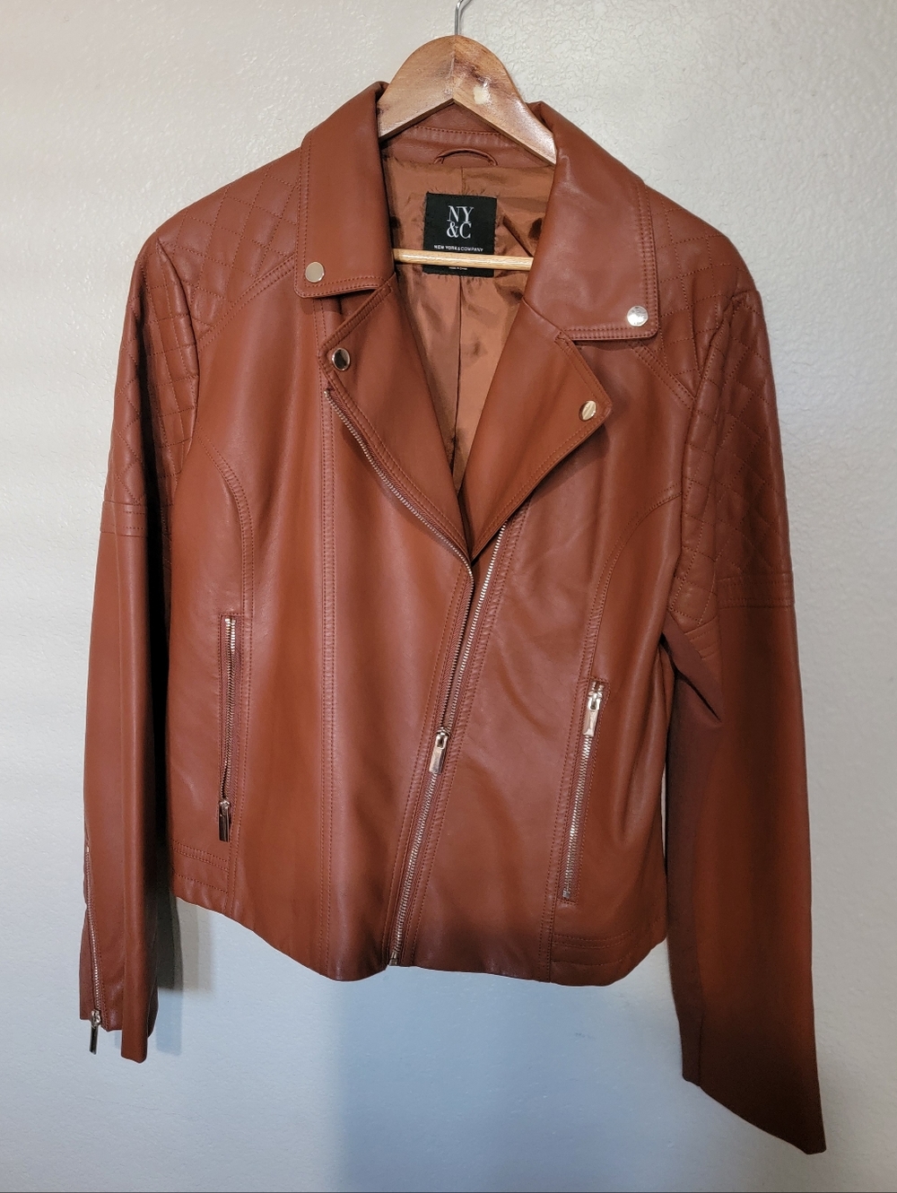 New York & Company Tan Faux Leather Moto Jacket